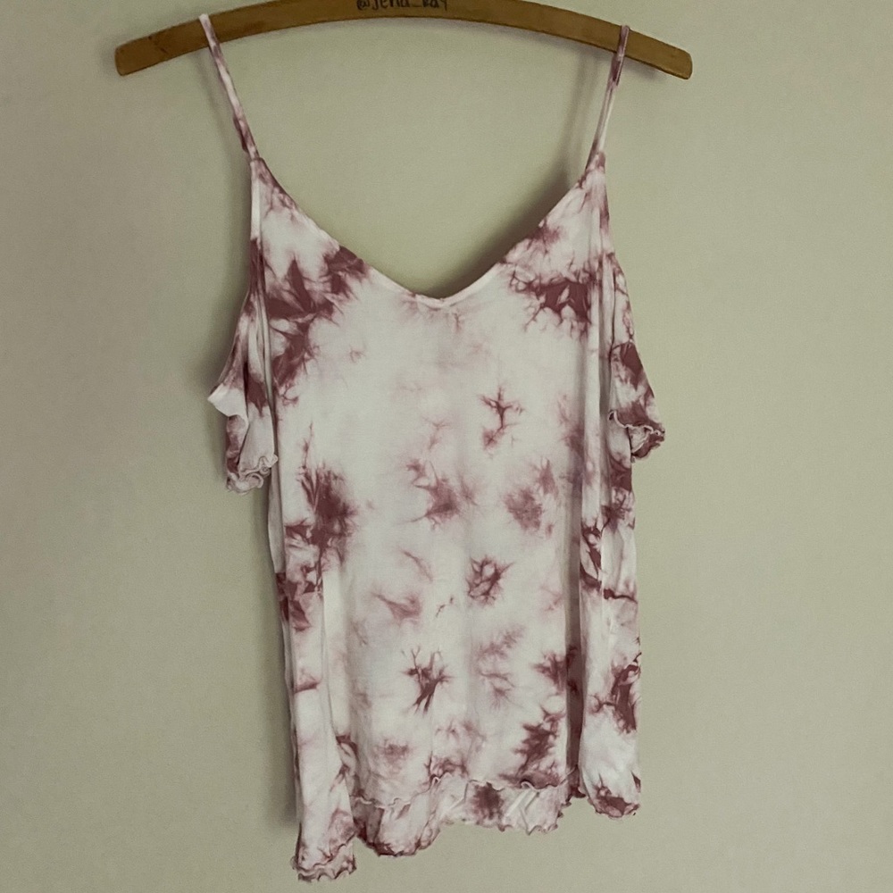 American Eagle Maroon and White Cold Shoulder Top